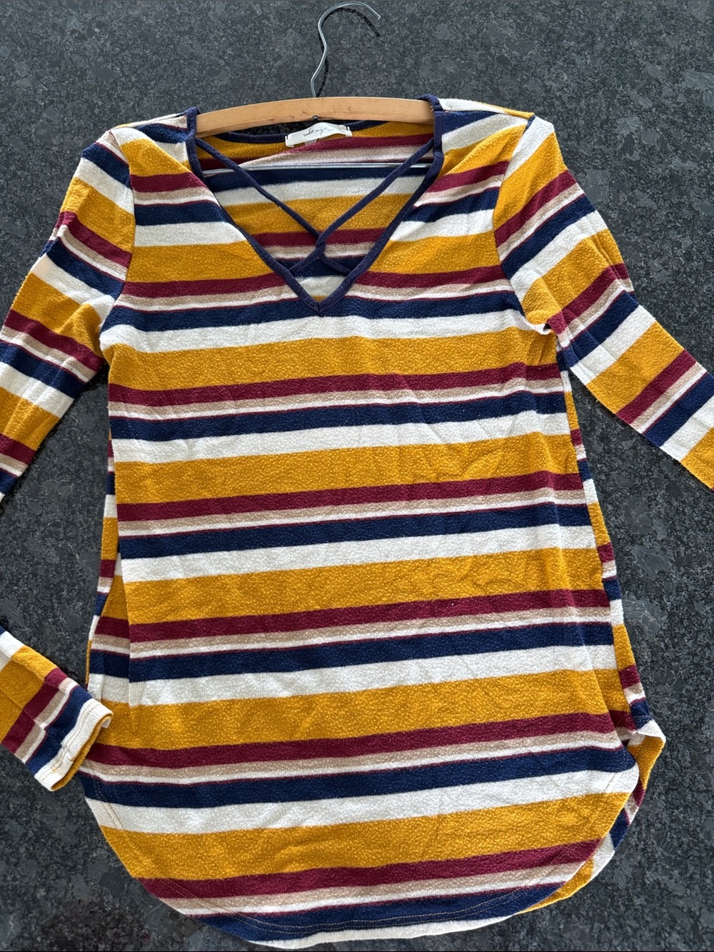 Gaze - Striped V‑Neck Crisscross Long Sleeve Top - Mustard/Navy/Burgundy